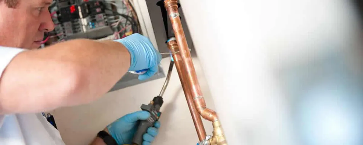 Water heater repair technician testing copper pipe connections and controls in Burlington, VT